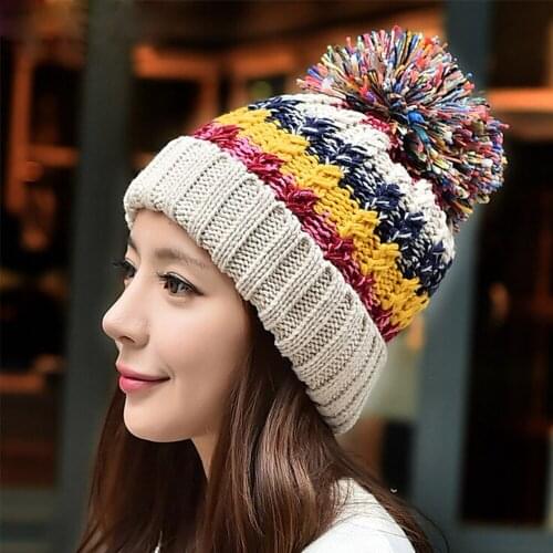 Fashion Women Girls Winter Warm Hat Female Knitting Wool Ball Beanie Hats Mix Color Crochet Ski Cap Beanie 3 Colors