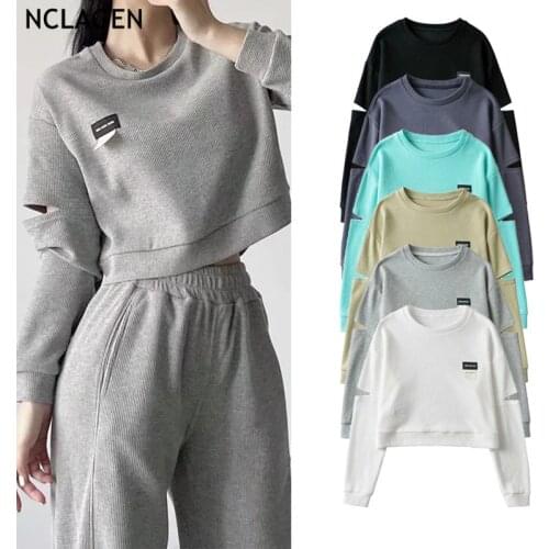 NCLAGEN Women Pullovers Fashion Patchwork Cut Out Crop Sweatshirts 2021 Loose Elegant Hoodies Navel Bare O Neck Casual Clothes