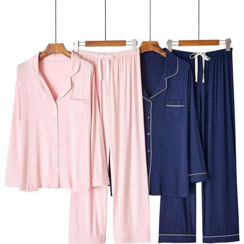 WintePajamas 2pcs Sleepwear Loose Simple Homewear Casual Soft Bathrobe Nightwear Solid Color Shirt&pant Women Modal Long Sleeve