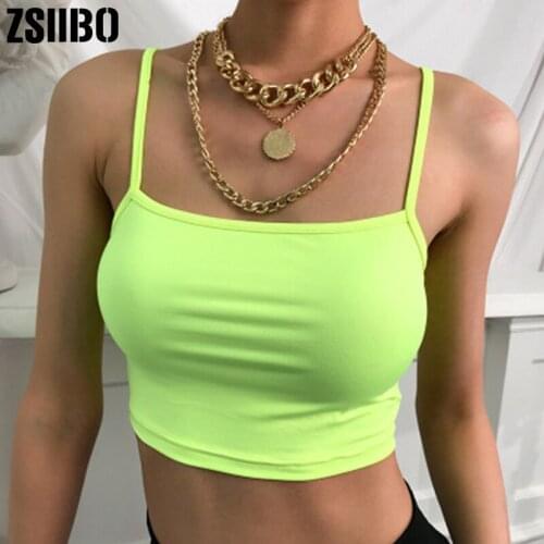 Women cotton Sexy shirts Fluorescent Green Pink Spaghtetti Strap Crop Top Summer Harajuku Solid Slash Neck Neon Streetwear Mujer