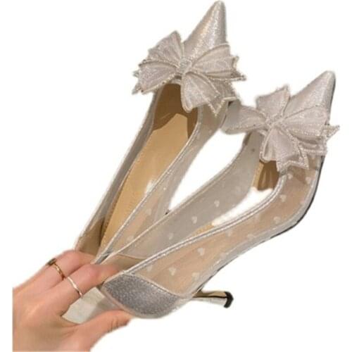 2021 Womens Pointed High Heel Single Shoes Bow Sequin Shallow Mouth Female High Heels Sexy Comfortable and Graceful High Heels