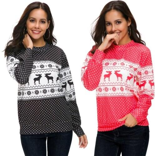 Womens Elk Print Hoodies Autumn Winter Warm Long Sleeves Round Neck Pullover Casual Fashion Loose Tops Streetwear Sweatshirt