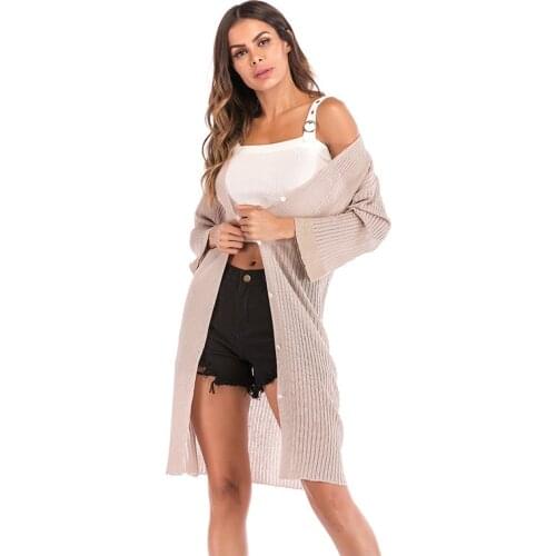 2021 Spring Autumn New V-neck Single Breasted Cardigan Loose Long Sleeve Knitted Coat Casual Solid Long Cardigan Women Sweaters