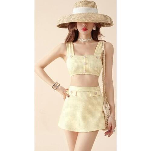 2021 New Korean Summer Sexy Women Lattice Two-piece Swimsuit Beachwear Swimwear Female Up Bikini Sets Bathing Suits Swimskirt