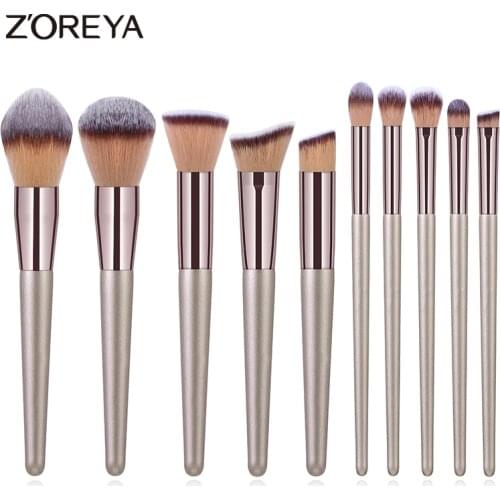Zoreya 10pcs Champagne Makeup Brushes Set Foundation Powder Blush Eyeshadow Concealer Lip Eye Make Up Brush Cosmetics Tools