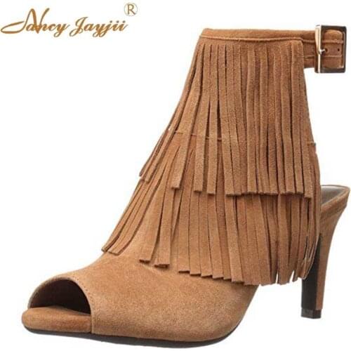 Khaki Tassels Fringe Ankle Boots Summer Peep Toe Mid High Thin Heels Buckle Strap Spring Plus Size 16 Women Shoes Customization