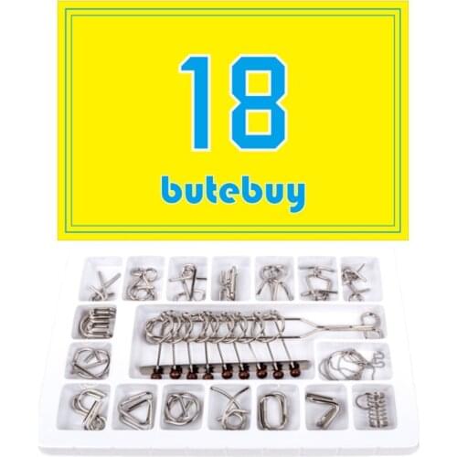 Butebuy 18Pcs Metal Wire Puzzle IQ Mind Brain Teaser Link Unlock Interlock Set