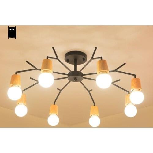 Black Iron Oak Wood Spider Ceiling Light Fixture Modern Nordic Creative Korean Plafon Lustre Luminaria Foyer Living Room Bedroom