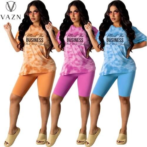 VAZN 2021 Hot Boho O-neck Letter Set High Street Tracksuit Top Short Pant Sexy Young High Waist Skinny Women 2 Piece Set