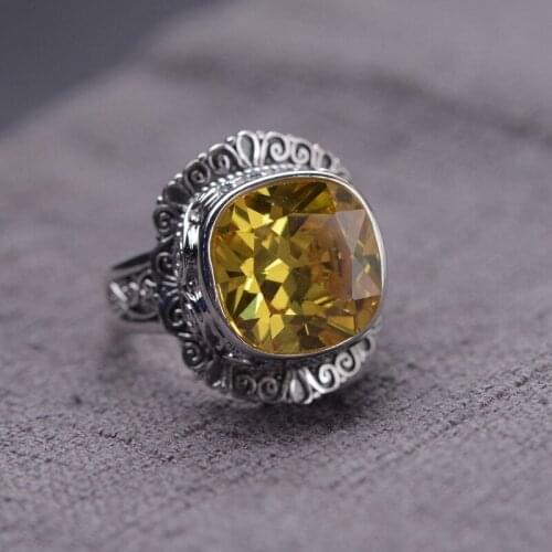 FNJ Yellow Purple Zircon Big Rings 925 Silver Adjustable Size Open S92 Solid Silver Ring for Women Jewelry Romantic
