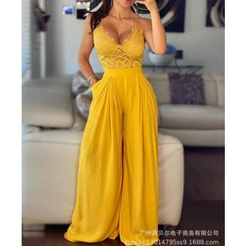 Wepbel Wide Leg Trousers Jumpsuits Sexy Sleeveless Yellow Women Jumpsuits Sexy Lace Sling Suit V-neck High Waist Jumpsuits