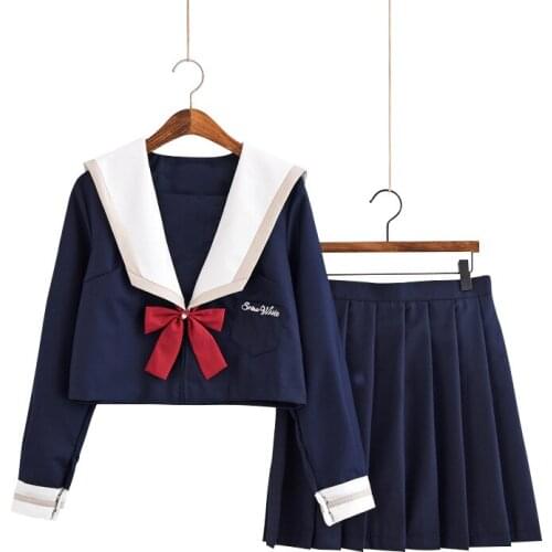 Japanese Long-sleeved Sailor Suit Navy Blue School Dress Uniform Lady Cosplay Anime Dark Blue Jk Uniforms Pleated Skirt Girl