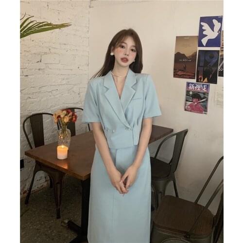 Skirt Suits Summer Thin Blue Short Sleeve Blazers Coat A Line High Waist Skirts Temperament Fashion