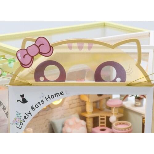 Dollhouse with Realistic Furniture Plus LED Light & Dustproof Cover Battery Case Wooden Crafts Cat & Coffee House Creative Room