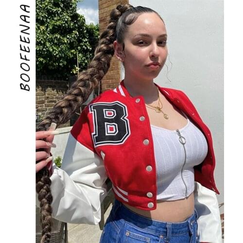 BOOFEENAA Varsity Jackets for Women 2021 Streetwear Vintage Color Block PU Leather Sleeve Baseball Jacket Overcoat C66-EC39