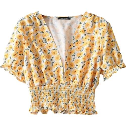 Summer and autumn fashion design all-match blouse, girls flower print V-neck slim short-sleeved pullover