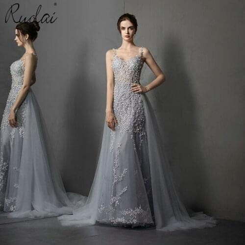 New Arrival Spaghetti Strap Evening Dress Appliques Mermaid Dresses for Women Detachable Train Prom Gown for Party