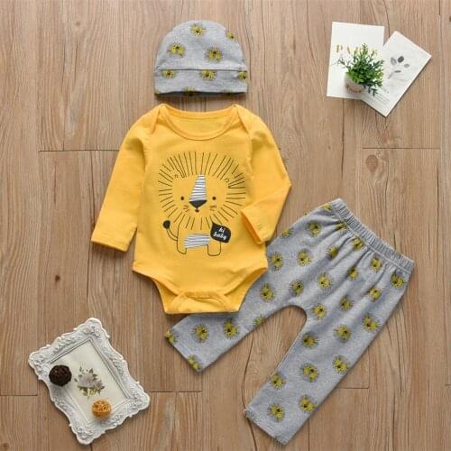 New Baby Toddler Clothes Set For Baby Boy Girl Full Sleeve Lion Print Romper+Casual Pants+Hat 3Pcs Infant Clothing Suit