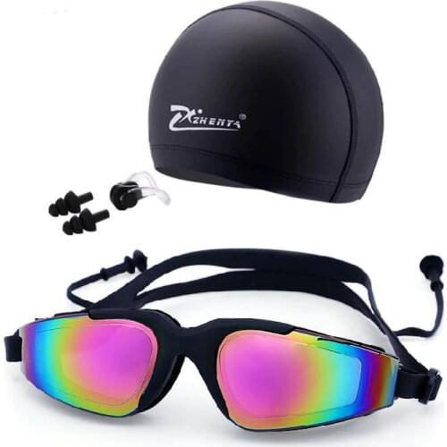 Adults Swim Eyewear with cap Ear Plug Nose Clip set Professional Sports Diving Goggles Colorful anti-fog Swimmming Glasses