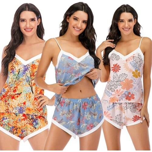 2021 Sexy Women Sleepwear Set, Floral Print Spaghetti Strap V-Neck Tank Tops + Elastic Waist Shorts for Girls, 4 Colors