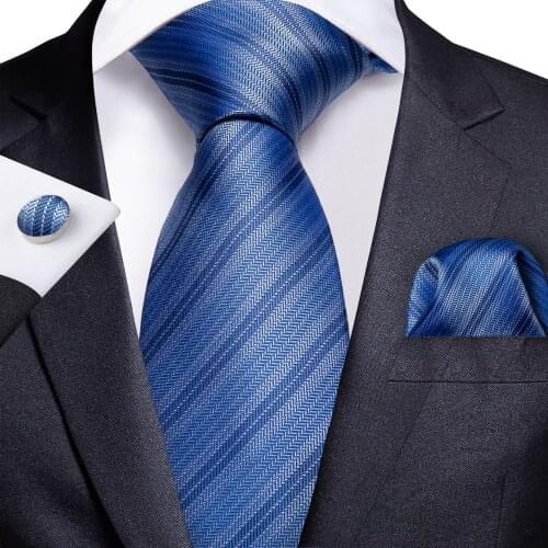 Gift Men Tie Blue Striped Silk Wedding Tie For Men DiBanGu Design Hanky Cufflink Quality Men Tie Set Fashion Dropshipping