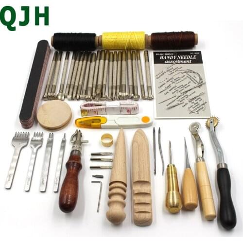 QJH 44pcs/set Leather Craft&Sewing Tools Set Carving Drilling Punch Edger Trench Stamp Tool include Awl,Wax line,Thimble,etc