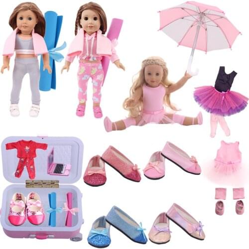 Doll Pink Series Ballet Clothes Shoes Umbrella Luggage Travel Sets Fit 18 Inch American Doll of Girl`&43 Cm Baby Doll Russia DIY