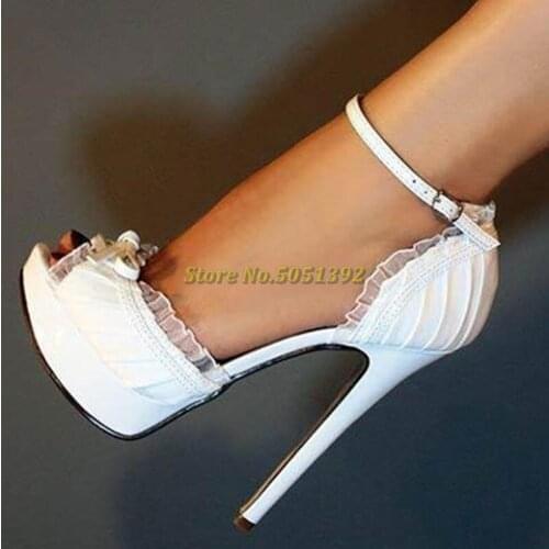 White Lace Platform Sandals Peep Toe Cover Heel Thin High Heel Ankle Strap Dress Runway Women Shoes Cut Out Custom Made Sandals