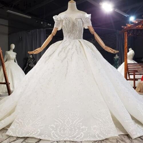 Serene Hill Ivory Short Sleeves Wedding Dresses 2021 Dubai Luxury Beading Sexy Bridal Gowns HX0299 Custom Made