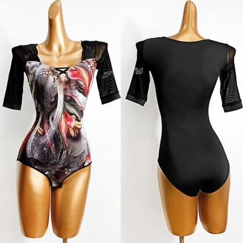Latin Dance Tops Ladies Elegant Print Mesh Lace Bodysuit Women Latin Practice Clothes Waltz Tango Ballroom Dance Costume VDB3062