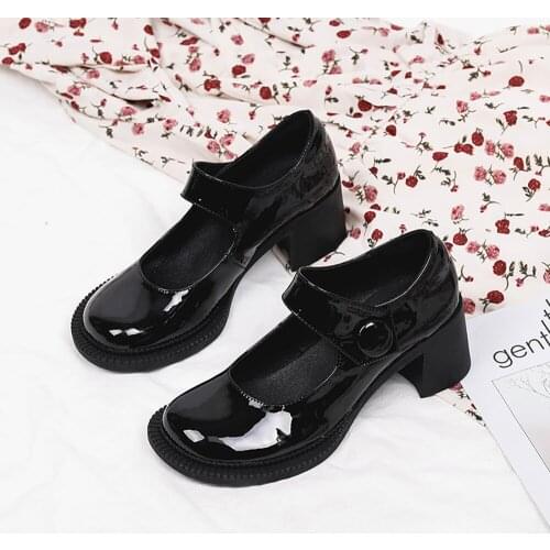Black Lolita Shoes Women Patent Leather Casual High Heels Square Soft Med Women Mary Janes Pumps Shoes