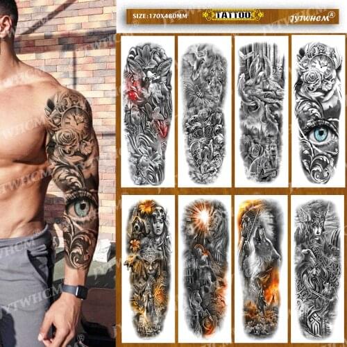1pc Fashion Flash Temporary Tattoo Sticker Full Arm Flower Arm Body Art Big Fake Tattoo Sticker Skull Lion Wolf Dragon