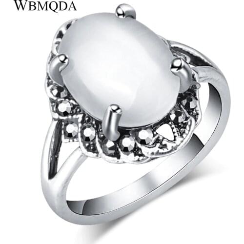 Wbmqda Oval Opal Ring For Women Tibetan Silver Gray Crystal Wedding Ring Vintage Jewelry Wholesale
