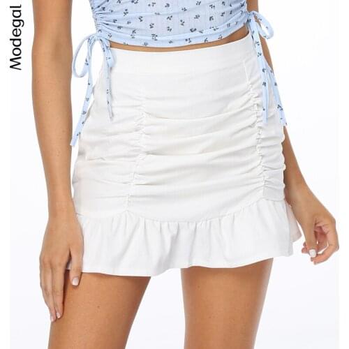 Modegal Womens High Waisted Mini Skirts A Line Solid Color Ruched Mermaid Hem Kawaii Casual Short Skirt