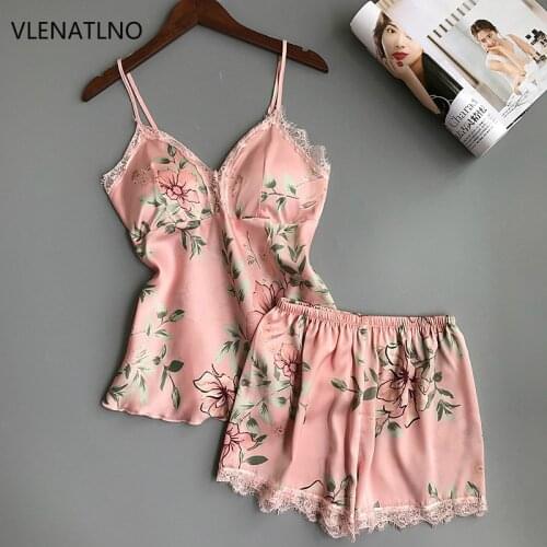 Ladies Sexy Silk Satin Sleepwear Sleeveless Pyjama V-neck Pijama Floral Pajama Set Plus Size Sleep Wear Lace Nightwear For Women