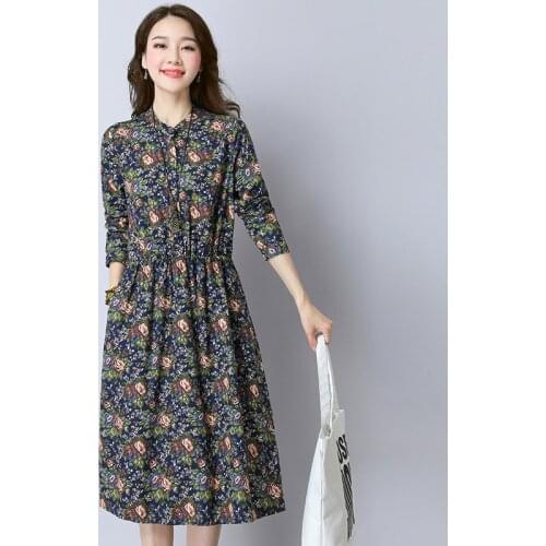 Women Print Floral Dress 2019 Autumn Long Sleeve Casual Bohemian Elegant Maxi Dresses Elastic Waist Shirt Dress Vestidos R405