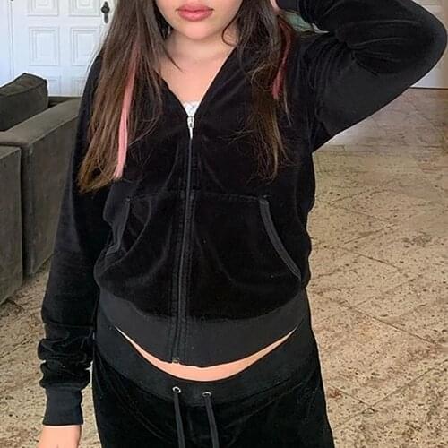 2021 Trendy Harajuku Hoodie Women Long Sleeve Solid Zip Slim Hooded Sweatshirt Autumn Winter Girl Casual Velvet Jacket Outerwear