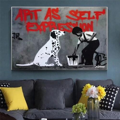 Abstract Art Banksy Graffiti Boy Dog Canvas Painting Wall Art Posters Prints Wall Pictures for Living Room Home Wall Cuadros