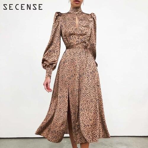 Satin Dress With a Slit High Collar Hollow Out Dot Long Sleeve Lantern Sleeve Midi Dress Office Lady Women Clothing New