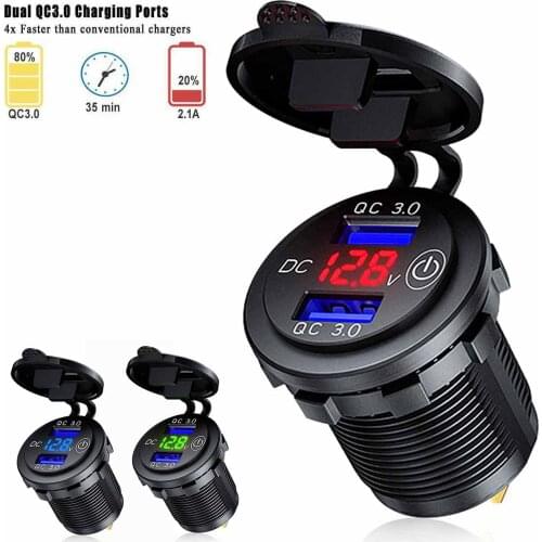 QC 3.0 Car Dual USB Charger With Touch Switch 12V 24V LED Voltmeter Waterproof Power Adapter For Truck SUV Marine Motor