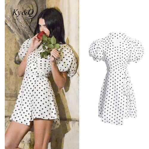 Brand Female Puff Sleeve Polka Dot High Waist Dress Lace Up V-Neck Vintage Elegant Women Dresses Chic Clothes 2021 Summer