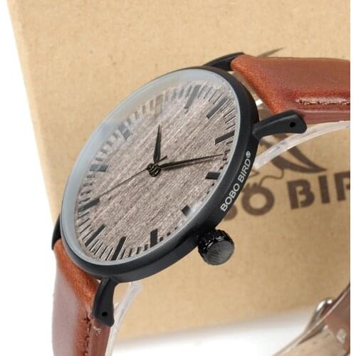 BOBO BIRD Mens Watch with Metal Case Wooden Dial Face Soft Leather Band Quartz Watches for Men Women Wristwatch Male Drop ship