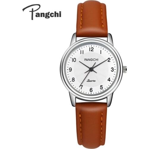 PANGCHI Lady Vintage Leather Couple Watches Classic Brown Digital Small Dial Quartz Wristwatches Woman Casual Dress Watch Female