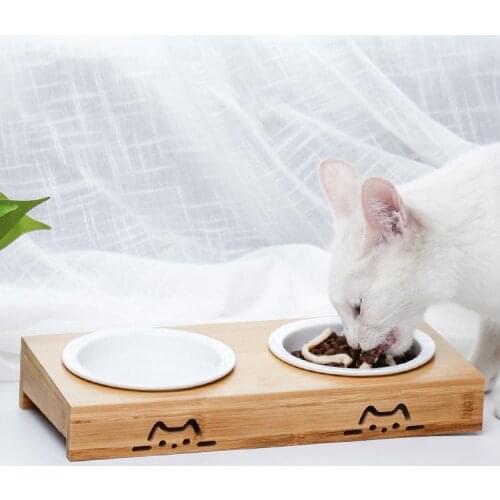 New Pets Double Bowls Dog Cat Food Water Feeder Ceramic Dish Bowl Bamboo Rack Cats Feeding Dishes Dogs Drink Bowl Pet Supplies