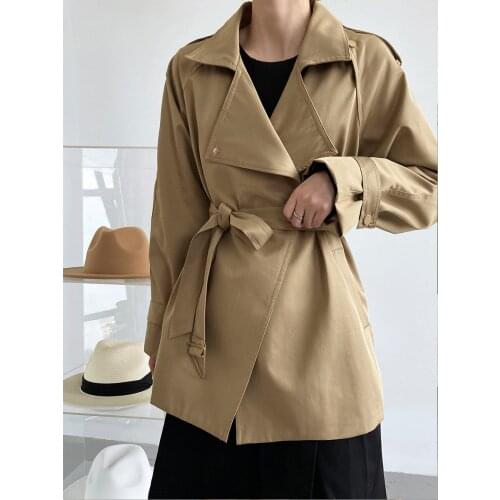 HXJJP Spring Autumn New Korean Loose Windbreaker Womens Lace Up Elegant Khaki Short Trench Coat with Belt Female 2056