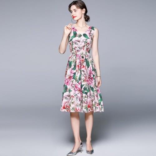 JSXDHK Holiday Beach Boho Dress 2021 Summer Women Flower Print Pink Sleeveless V Neck Vintage Elastic Waist Pleated Sundress