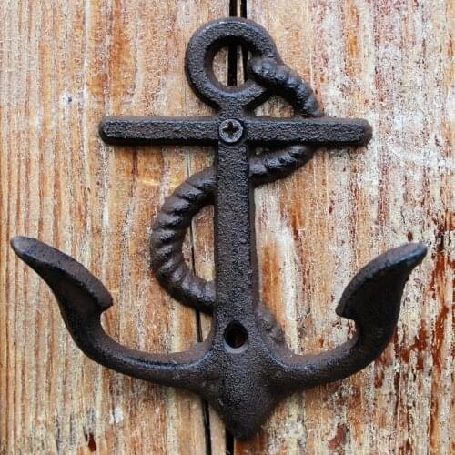 European Farm House Accents Handmade Small Size Antique Rustic Anchor Design Cast Iron Wall Mounted Decor Hook With Two Hangers
