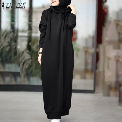 2021 ZANZEA Womens Stylish Sweatshirt Dress Female Casual Solid Hooded Vestidos Robe Hoodies Long Sleeve Maxi Dress
