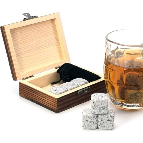 Whiskey Stones Set - 9 Granite Whiskey Rocks / Wooden Box / Velvet Bag / Reusable Cooling Ice Cubes