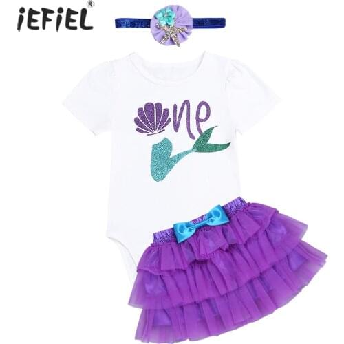 Baby Girl Clothes Cute Cartoon Mermaid Print Romper Infant Girls Short Sleeve Romper with Mesh Tutu Dress Headband 6-18 Months